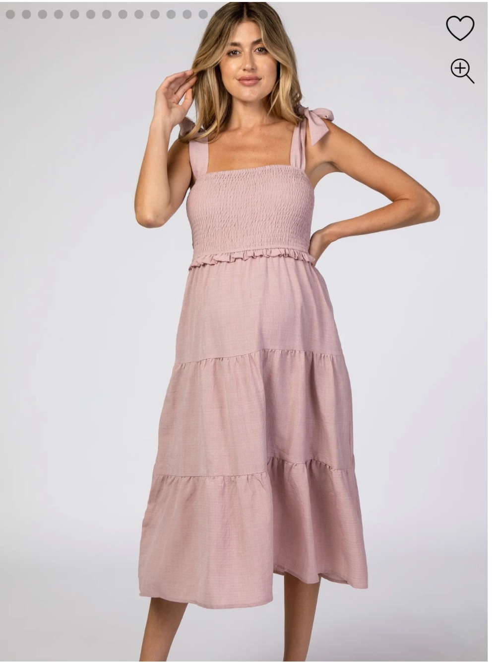 Pink Blush Mauve Bow Strap Tiered Maternity Midi Dress